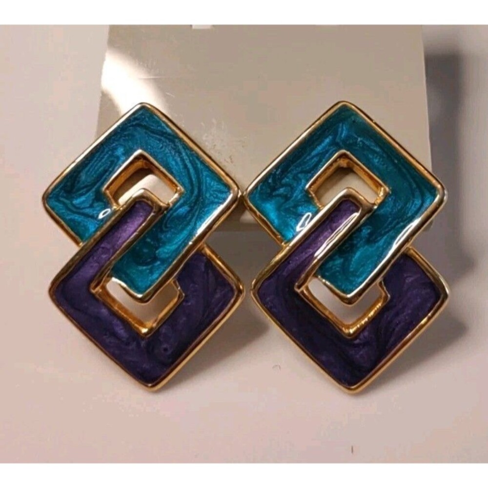 Blue & Purple Enamel Interlocking Squares Gold Tone Clip On Earrings